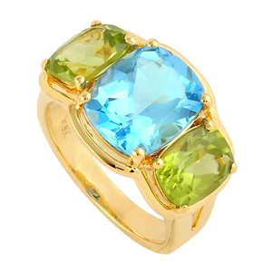 5.22Ct Blue Topaz Peridot three Stone Cocktail Ring 18k Yellow Gold - Picture 1 of 6