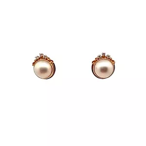 Mings Hawaii Round Mabe Pearl Earrings in 14k Yellow Gold With 6 Small Diamonds - Picture 1 of 7