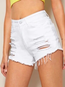 💗 Weiße Distressed zerrissen roher ausgefranster Saum Denim Jeansshorts Größe Junior L - Bild 1 von 5