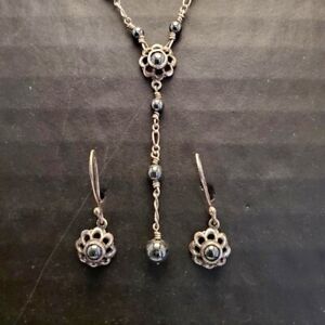 Sterling Silver & Black Pearl Flower Necklace/Earring Set