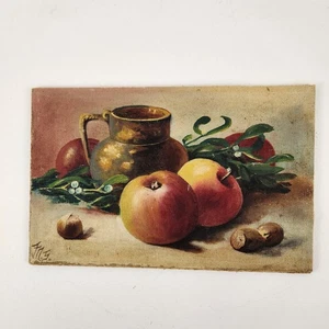 Vintage Stillleben Ölgemälde Äpfel Krug Nüsse signiert FHS klein ungerahmt Kunst - Bild 1 von 9
