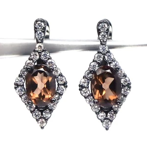 925 Sterling Silver 5 x 7 MM. Smoky Quartz & White Zircon Birthstone Earrings - Bild 1 von 4
