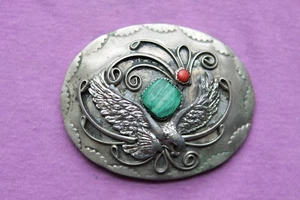 Hebilla de cinturón occidental vintage níquel plata hecha a mano coral malaquita águila - Imagen 1 de 2