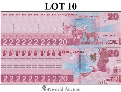 ZAMBIA 20 Kwacha 2024 2025 P New Issue LOT 10 pcs 1/10 Bundle UNC - Image 1 of 4
