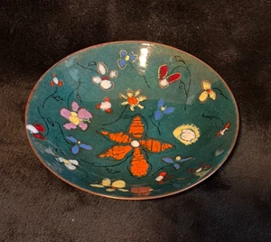 Vintage 2-seitige Emaille om Kupfer 5" Schüssel mehrfarbig Blumen... signiert und datiert - Bild 1 von 4