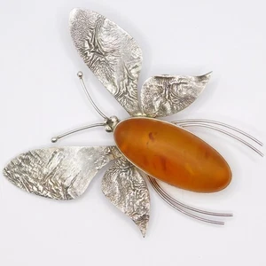 EXQUISITE TEXTURED HUGE STERLING SILVER MATTE AMBER BUTTERFLY BROOCH - Picture 1 of 7