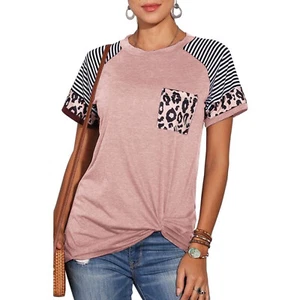 Colorblock Striped Leopard Print Casual Round Neck Shirt Short Sleeve Top S - Picture 1 of 4