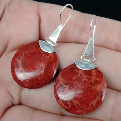 Orecchini in argento sterling 925 con corallo rosso rotondo gioielli - Immagine 1 di 4