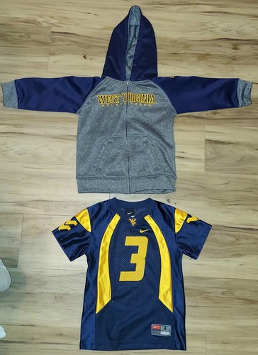 VETEMENTS Felpa con cappuccio West Virginia MOUNTAINEERS grigia blu e maglia Nike blu ragazzo taglia Sm 4