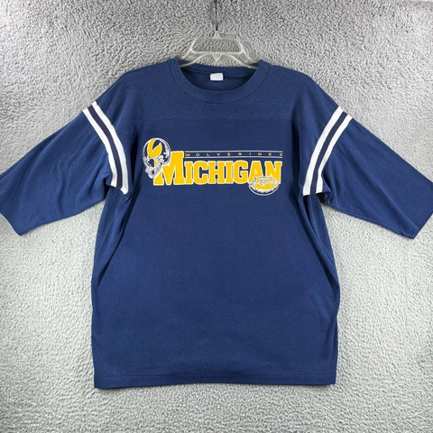 VTG Michigan Wolverines Shirt Mens XL Blue 3/4 Sleeve USA Made 80s Single Stitch Cover
