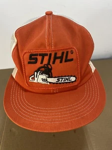 Vtg Stihl Chainsaw Snapback MESH Trucker Cap Hat PATCH 80s USA Distressed Orange - Picture 1 of 10