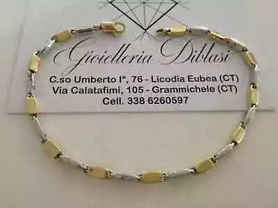 SOLID 18K WHITE YELLOW GOLD BRACELET ALTERNATE OVAL FLAT TUBE LINK, ITALY MADE - Image 1 of 4