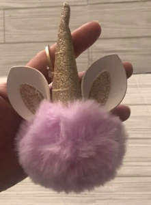 4" Unicorn Faux Fur Pom Pom Key Chain, Charm for Hand Bags Car Key Ring Pink - Picture 1 of 3