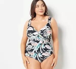 Jantzen Print or Solid Surplice Maillot One Piece Swimsuit Black Cabana Reg 12 - Picture 1 of 2