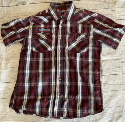 Flying Machine джинсы Co рубашка мужчин Sz большой см. MEASUREMNT черный красный короткий рукав - Изображение 1 из 4