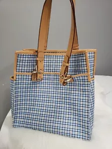 Vintage Polo Ralph Lauren Baby Blue Plaid Large Tote Bag Purse Leather RARE y2k - Picture 1 of 11