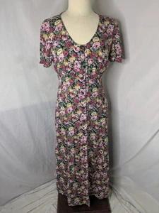 Vintage 90s Y2K All That Jazz Black Floral Button Up Midi Dress US 8/10 M - Picture 1 of 9