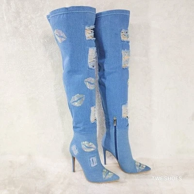 Kiss My - Blue Distressed Denim Thigh High Boots With Rhinestone Lips - Image 1 of 4