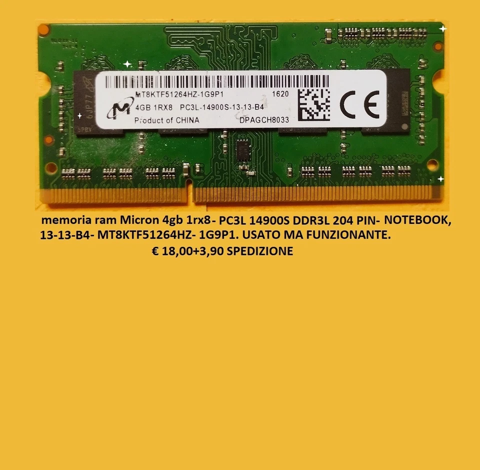 memoria ram micron 4GB 1rx8 pc3L 14900S ddr3L 13-13-b4 MT8KTF51264Hz- 1G9P1 vedi - Immagine 1 di 1