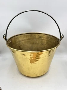 LARGE Antique Handmade Brass Cooking KETTLE Pot Cauldron Wrought Steel Handle - Picture 1 of 24