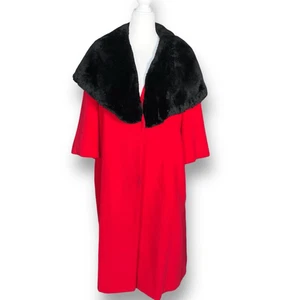 Vintage 50s Red Coat Black Faux Fur Collar Bains Las Vegas Medium Holiday Glam - Bild 1 von 15
