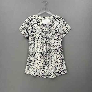 HANIIY Shirt Womens 42 Medium White Purple Black Silk Ruffle Splatter Print Top - Picture 1 of 14