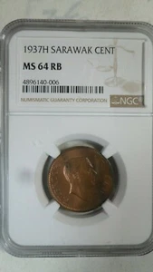 Sarawak Malaysia 1 Cent, 1937 H, NGC MS 64 RB - Picture 1 of 3