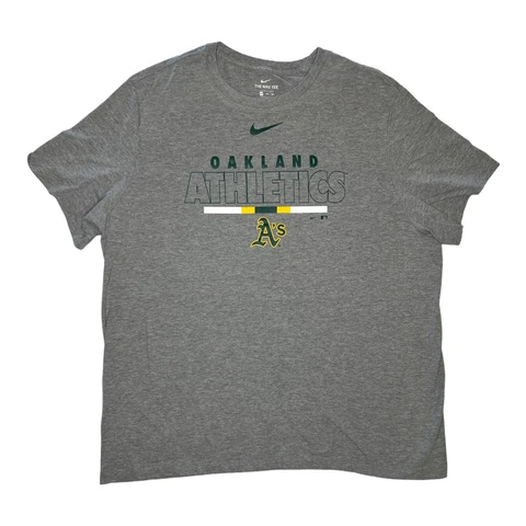 Vintage Nike Oakland Athletics T-Shirt Size 2XL Center Swoosh Spell Out Gray Cover