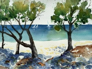 Original Watercolor Painting Seascape yacht with sails seagulls Sea trees A4 - Picture 1 of 5
