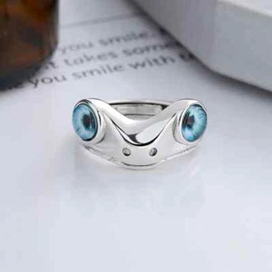 Cute Frog Blue Eye Silver Ring, Adjustable Size, Toad, Fun - Picture 1 of 11