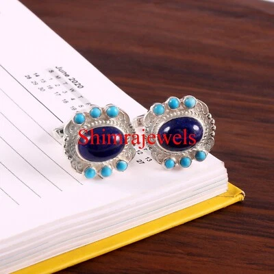 Natürlich Lapislazuli & Türkis Mit 18k Weiß Gold Versilbert Manschettenknöpfe - Bild 1 von 4