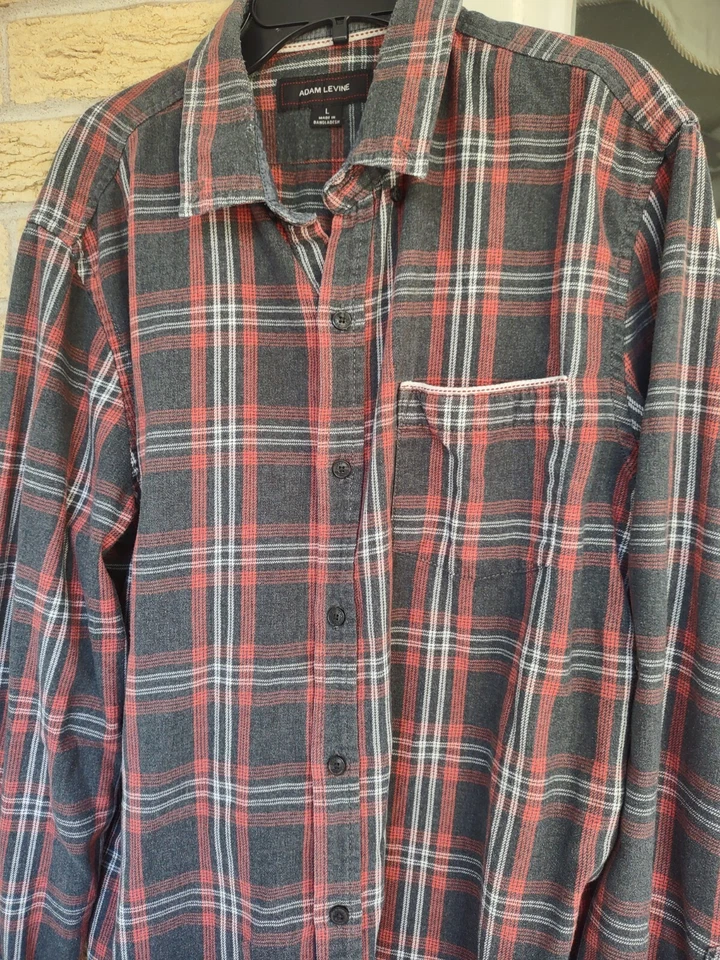 Camisa Adam Levine Lge Manga Larga Kmart Gris Rojo Blanco Franela Bolsillo Rayas Foto 1 de 4