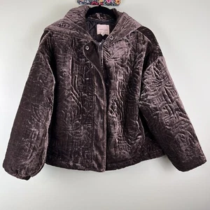 Silence & Noise M/L Geo Quilted Olive Green Zip Up Hooded Velvet Short Jacket - Picture 1 of 10