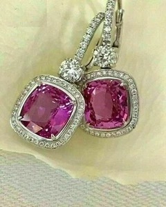 4Ct Lab Created Pink Ruby Women's Drop/Dangle Earrings In 14K White Gold Plated - Picture 1 of 4