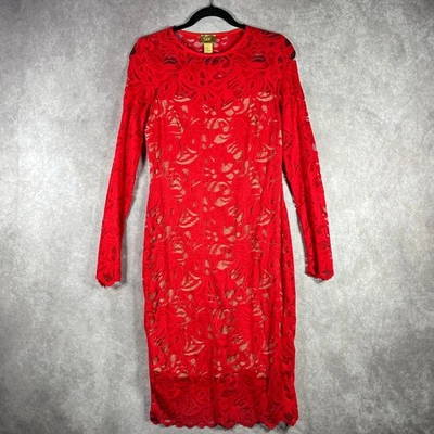 H&M Dress Womens Size 10 Bright Red Lace Midi Long Sleeves Lined Party Sexy Date - Image 1 of 4