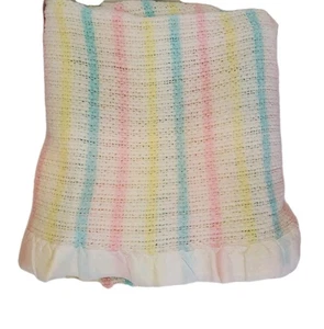 Vintage Baby Blanket Pastel Stripe Acrylic Nylon Trim Waffle Weave  - Picture 1 of 6