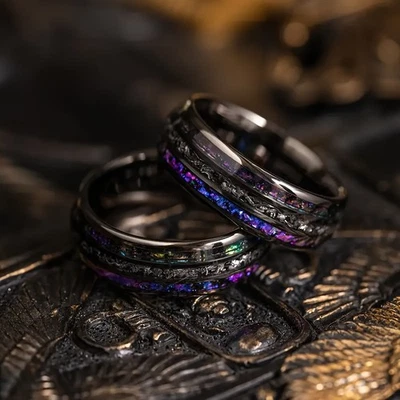 Anillo de galaxia meteorito arenisca azul banda negra de boda de carburo de tungsteno para hombre Foto 1 de 4