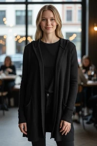 Cardigan donna Athleta nero a costine con cappuccio lungo Harmony aperto posa taglia XXS - Foto 1 di 8