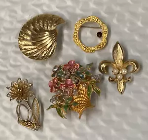 5 Piece Vintage Gold Tone Brooch Pin Lot - Picture 1 of 2