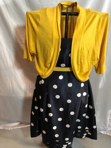 Dressbarn 16 Blue Polka Dot Dress with Yellow Sweater - Picture 1 of 6