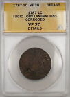 1787 Fugio Large Cent 1C Coin Anacs Vf-20 Details Corroded Obverse Laminations