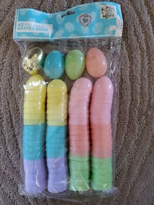 42 EMPTY PLASTIC EASTER EGGS Fillable 6 Assorted Colors + Gold Egg - Image 1 of 4