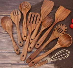 Juego de espátulas de utensilios de cocina de madera de teca premium de 10 piezas, teca premium de alta gama - Imagen 1 de 2