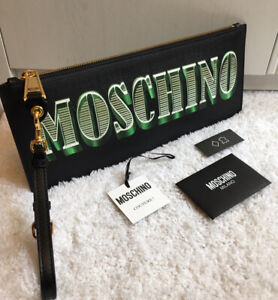 Moschino Black Leather Dollar Print Zip-Top Wristlet Clutch Bag AUTHENTIC £346
