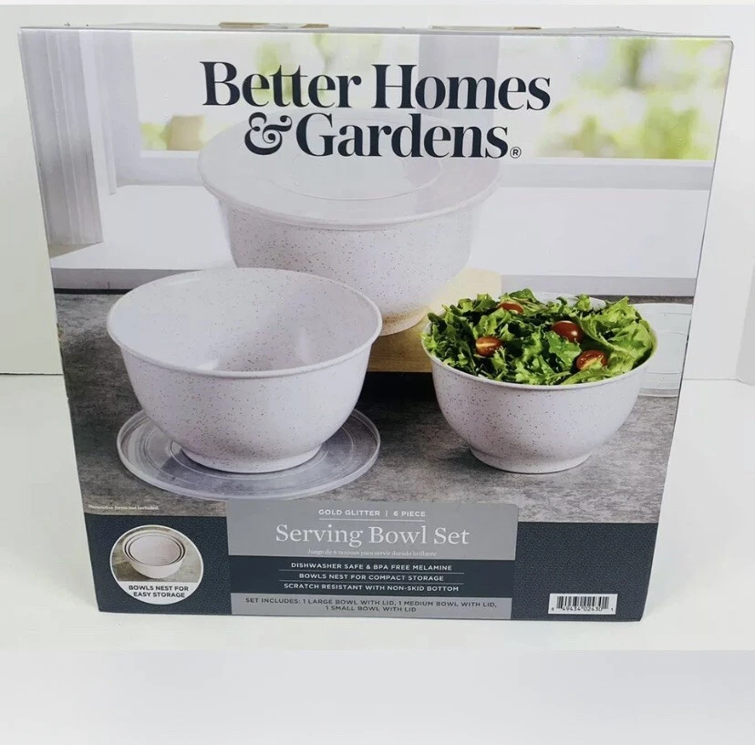 New Better Homes & Gardens Serving Bowl Set - WHITE, GOLD GLITTER SPARKLE PRINT Foto 1 de 1