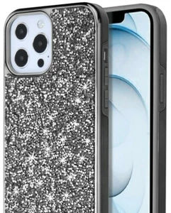 iPhone 13 / 13 Pro Max - Hard Hybrid Armor Impact Case Black Diamond Bling Studs - Picture 1 of 7