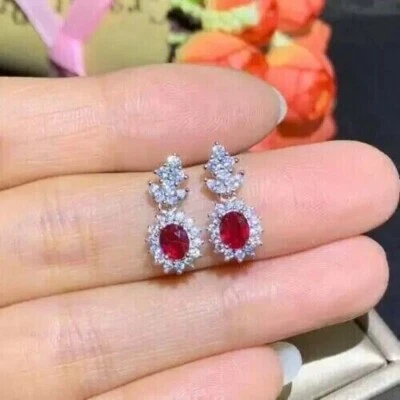 Pendientes de boda para mujer certificados de rubí natural y diamantes GH/SI de oro blanco de 14 k Foto 1 de 4