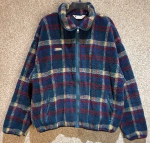 Vintage 90s Columbia Mens Plaid Check Deep Pile Fleece Zip Up Jacket Size XL USA - Picture 1 of 13
