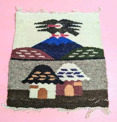 Tapiz de lana tejido a mano vintage peruano cabañas y águila colgante de pared 8"x8,5" Foto 1 de 2