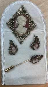 Vtg Jewelry Cameo Parure Set Signed Coro Brooch/Pendant Post-Earrings Stick-pin - Picture 1 of 7